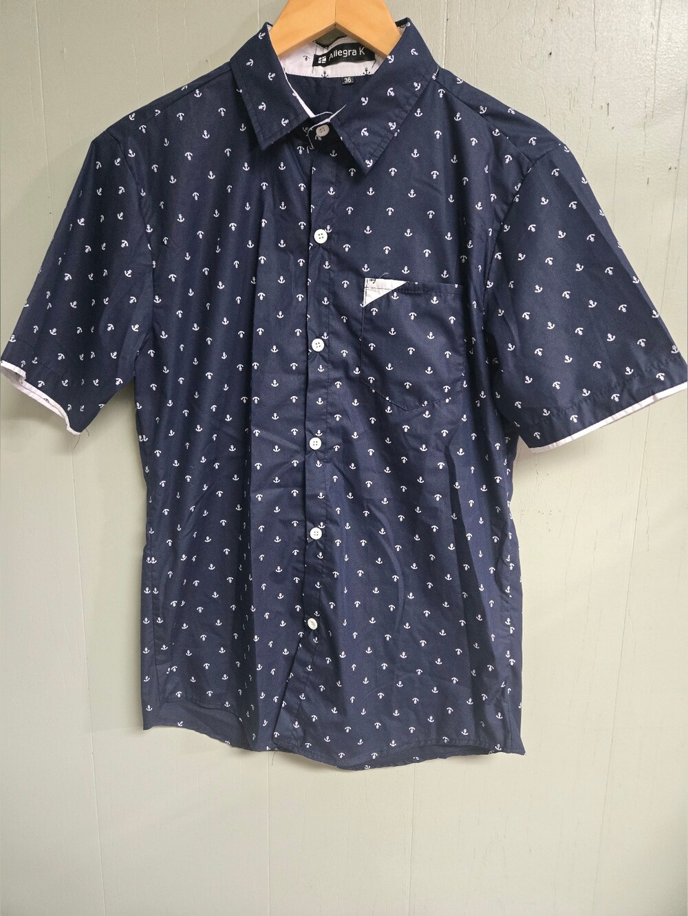Allegra K Shirt Mens 36 Blue Anchor Graphic Button Up Short Sleeve Casual